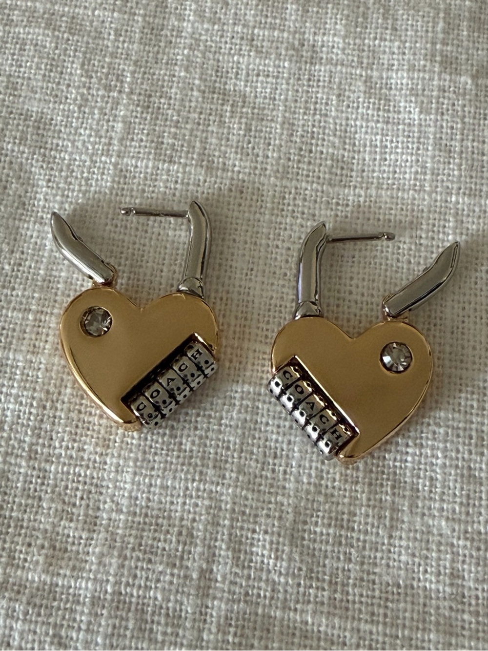 Authentic Coach Two-Tone Faux Stone Signature Heart Padlock Drop Earrings - Picture 4 of 8
